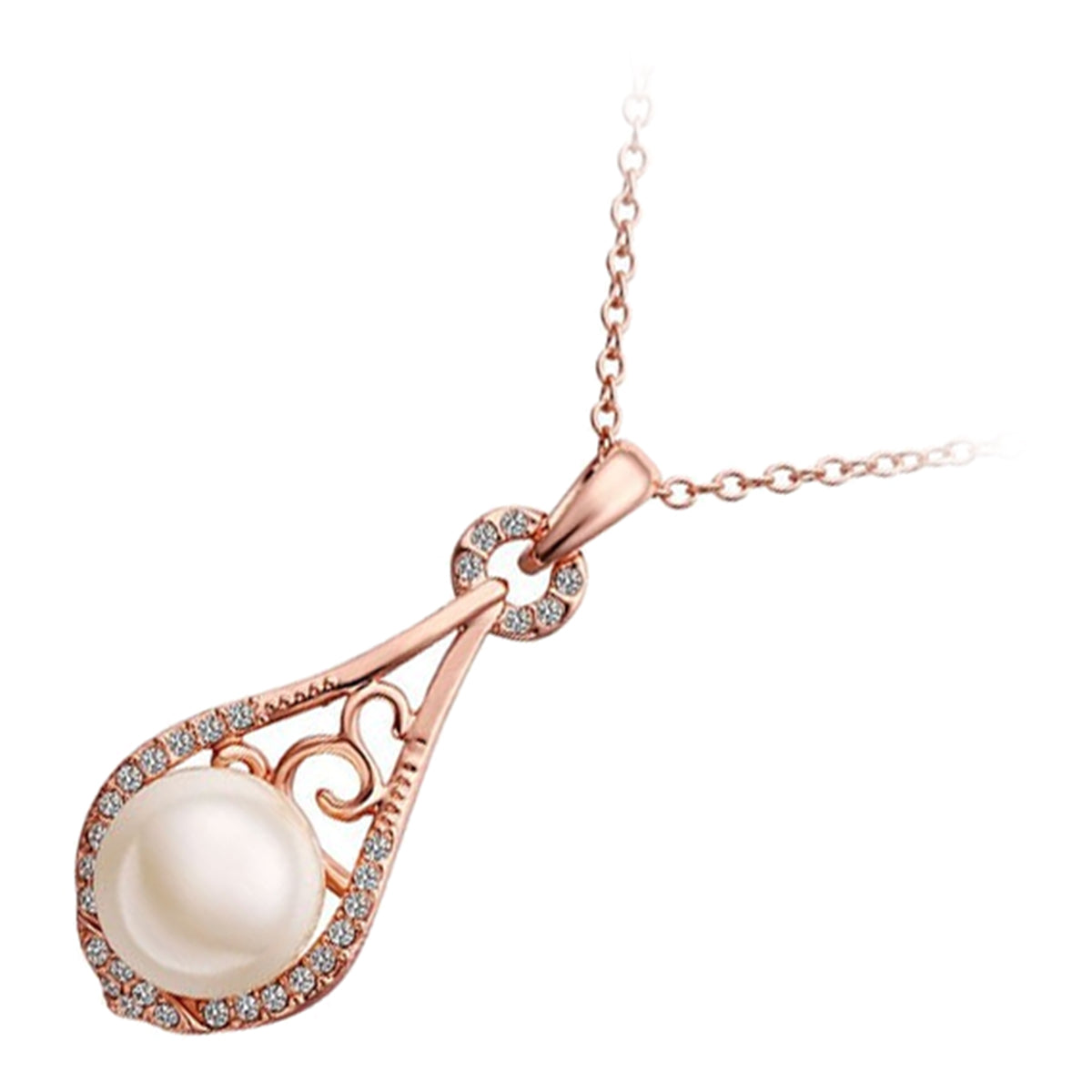 18K Rose Gold Coated White Pearl Water Drop Pendant Necklace Embellished with Diamond Clear Crystals