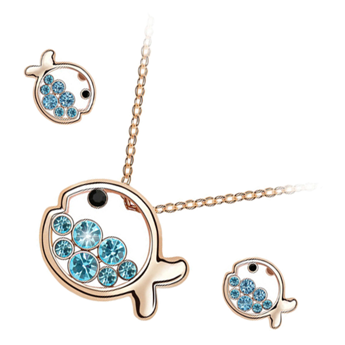 18K Yellow Gold Coated Jewellery Set Pendant Necklace and Earrings with Fish Design with Colored Crystals