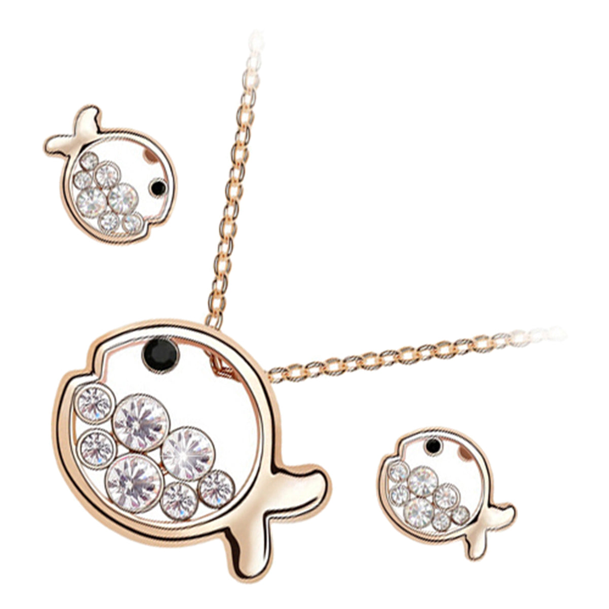 18K Yellow Gold Coated Jewellery Set Pendant Necklace and Earrings with Fish Design with Colored Crystals