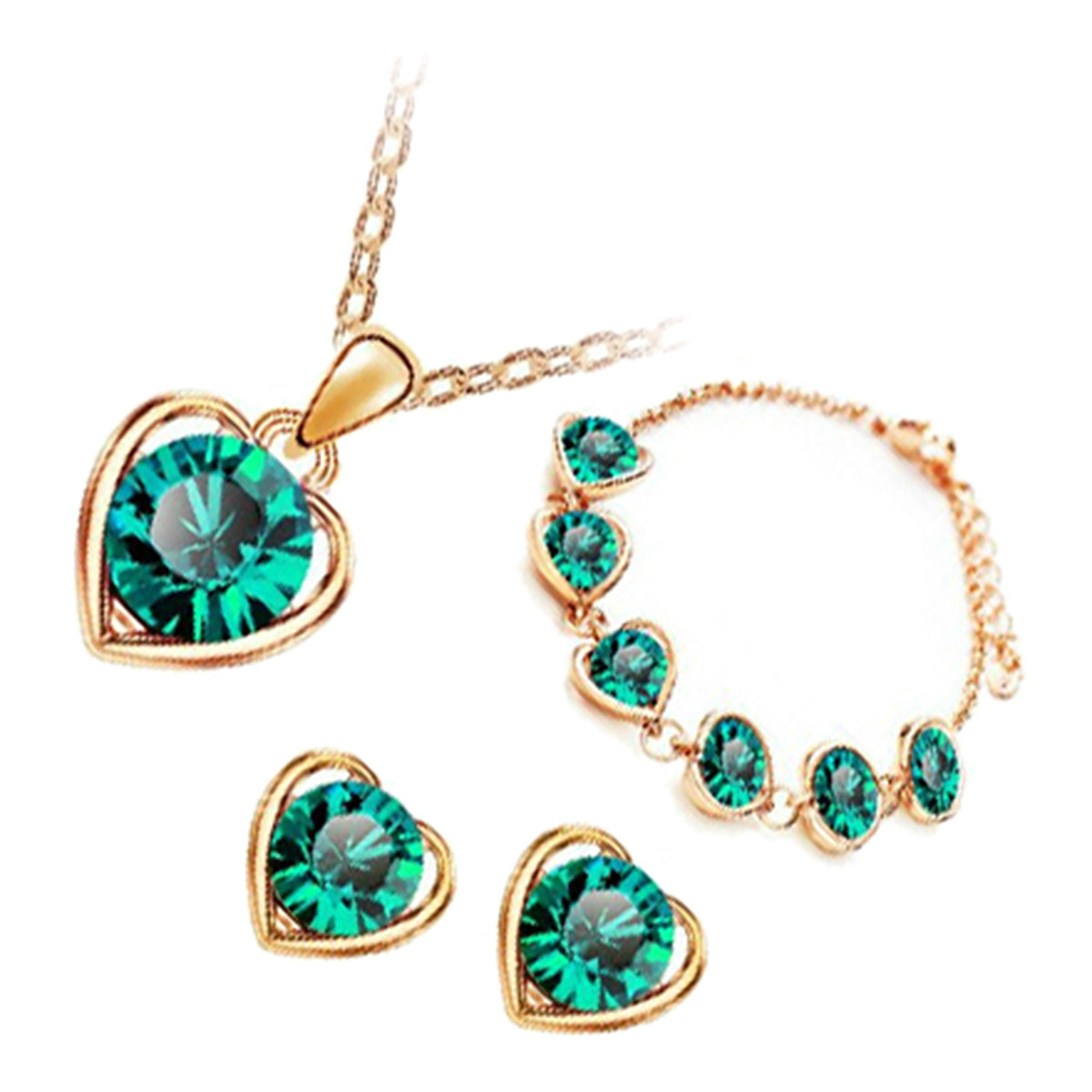 18K Yellow Gold Coated Jewellery Set Pendant Necklace Earrings and Chain Bracelet with Round Cut Crystal in Heart Framing