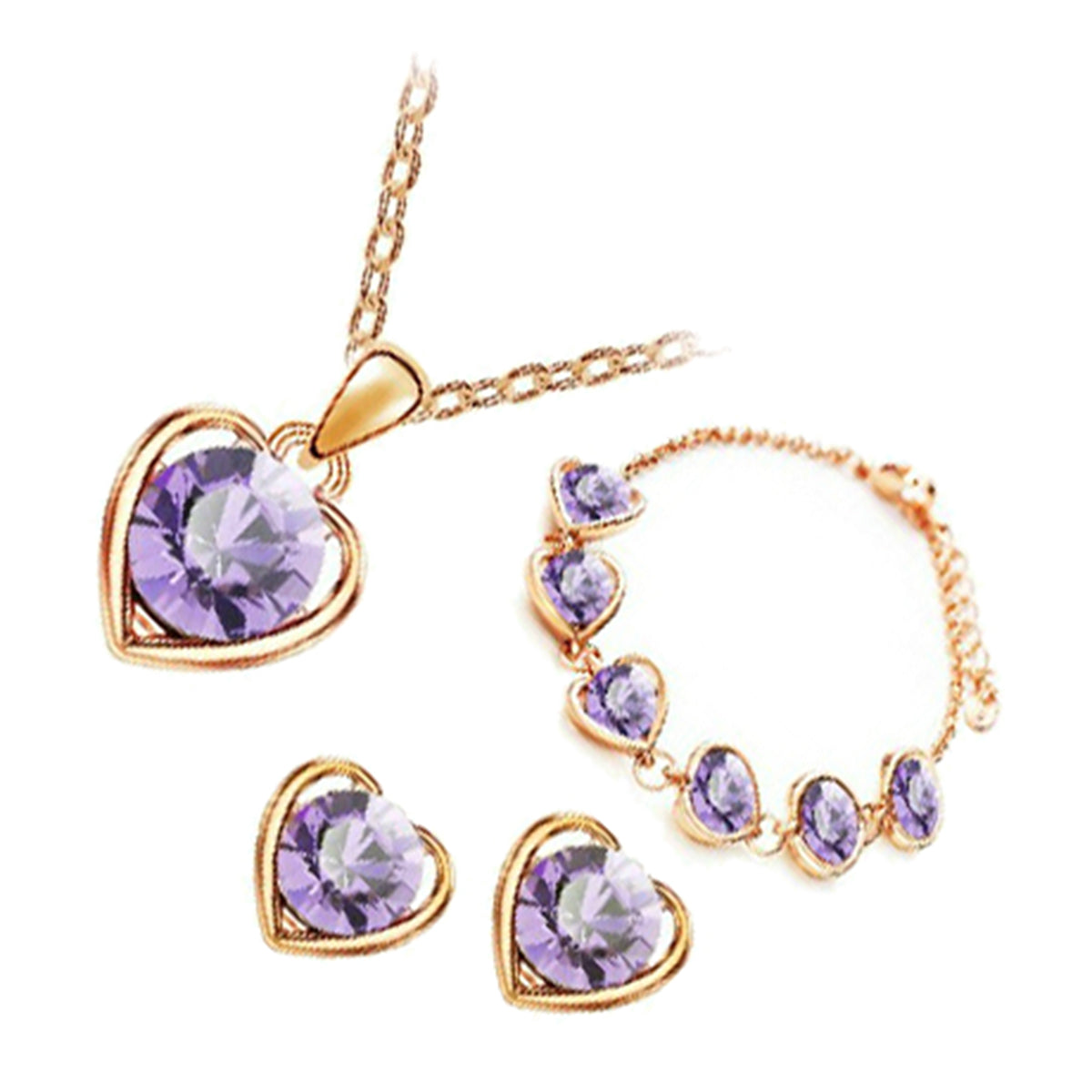 18K Yellow Gold Coated Jewellery Set Pendant Necklace Earrings and Chain Bracelet with Round Cut Crystal in Heart Framing