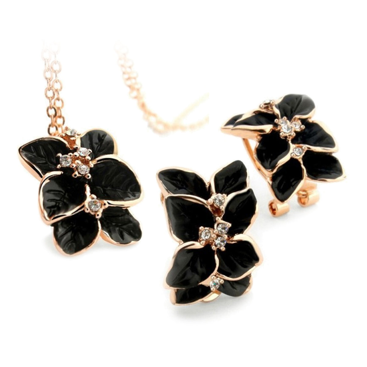 18K Yellow Gold Coated Jewellery Set Pendant Necklace and Earrings with Vintage Flower Design Leaves and Diamond Clear Crystals