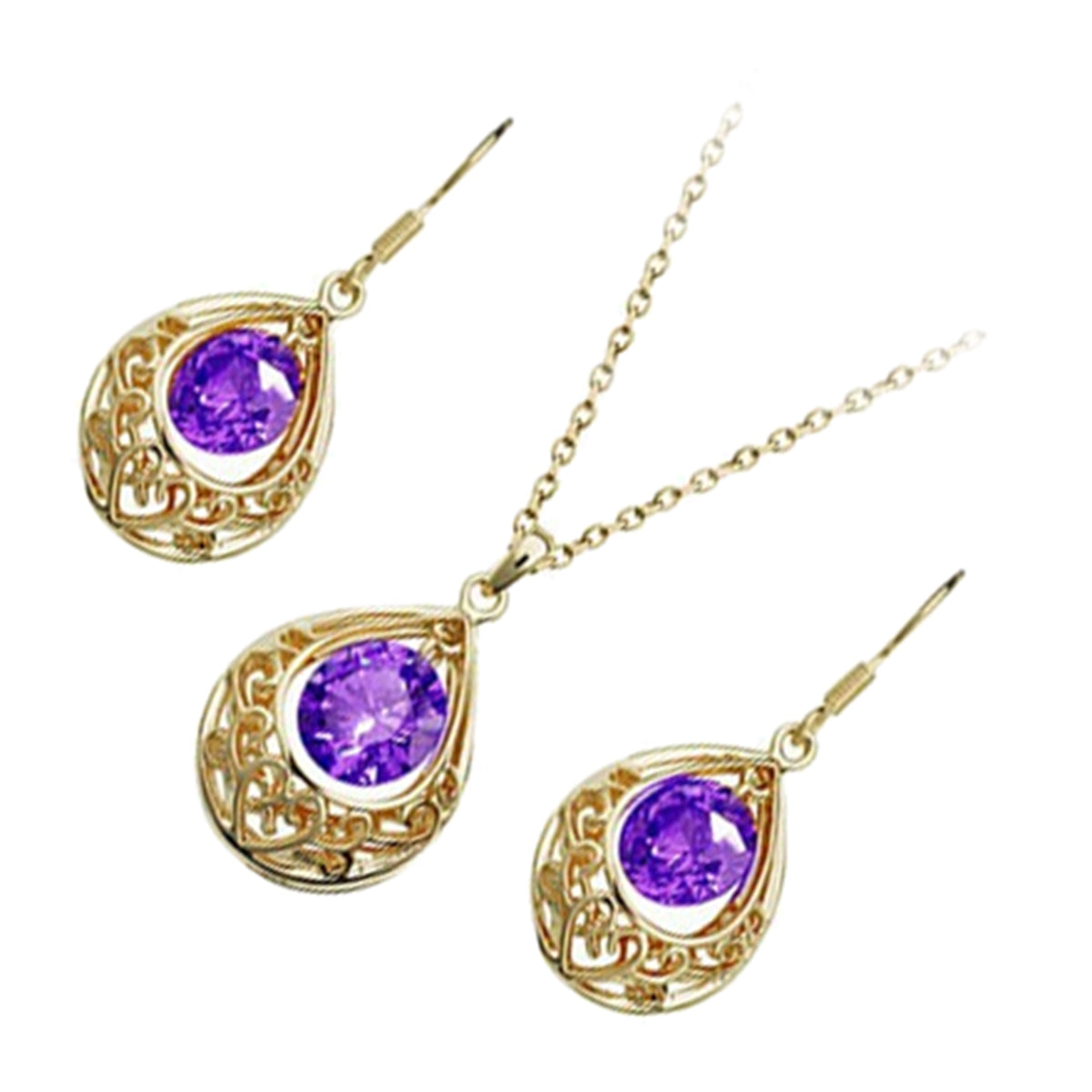 18K Yellow Gold Coated Jewellery Set Pendant Necklace and Earrings with Round Zircon Stone Within Vintage Filigree Teardrop