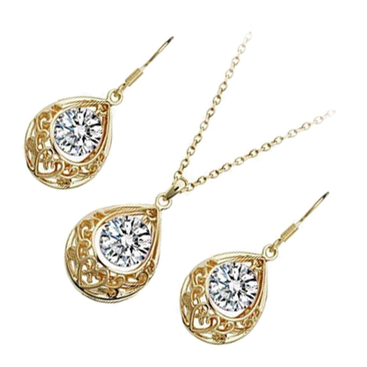 18K Yellow Gold Coated Jewellery Set Pendant Necklace and Earrings with Round Zircon Stone Within Vintage Filigree Teardrop