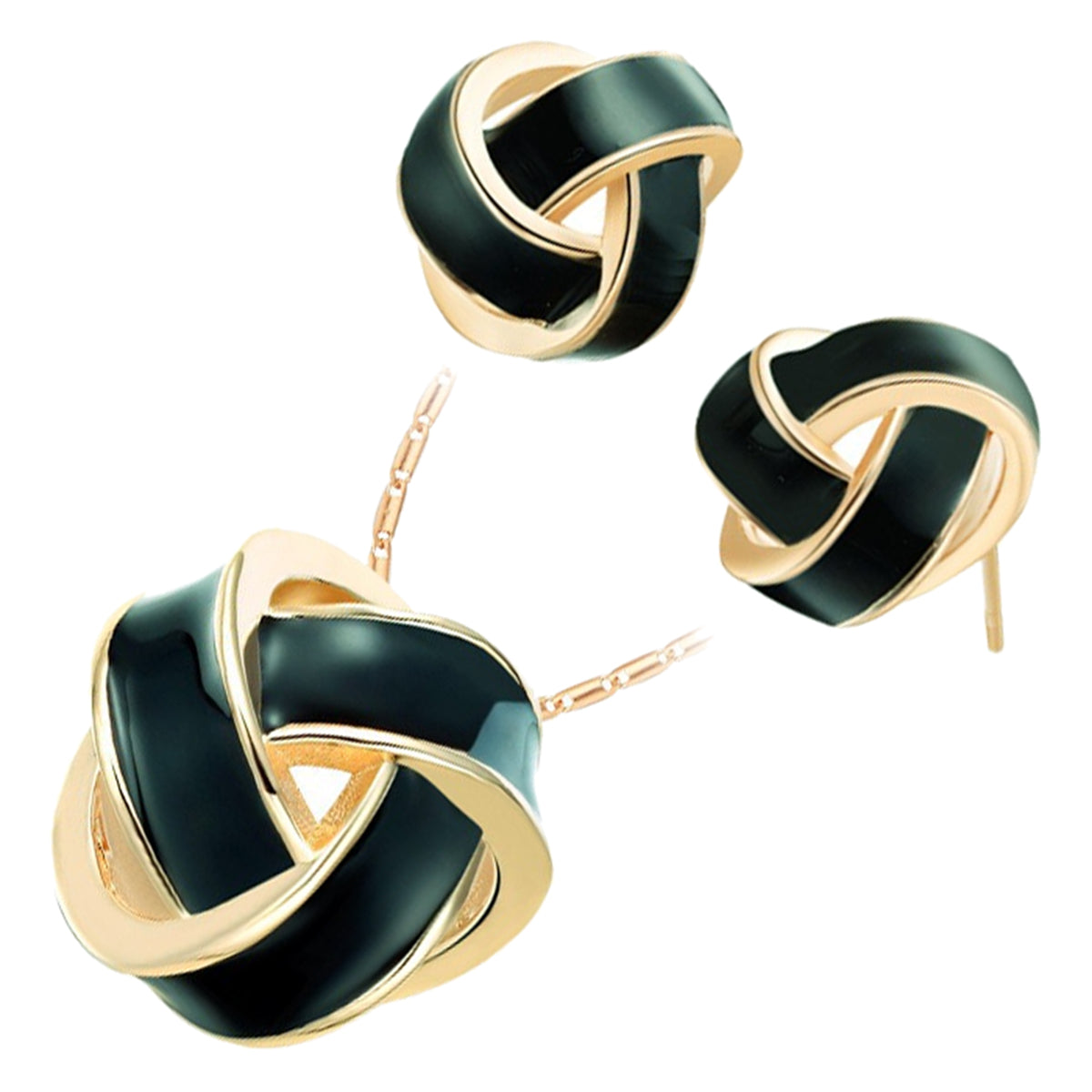 18K Yellow Gold Coated Jewellery Set Pendant Necklace and Earrings with Knot and Stripe Unusual Design