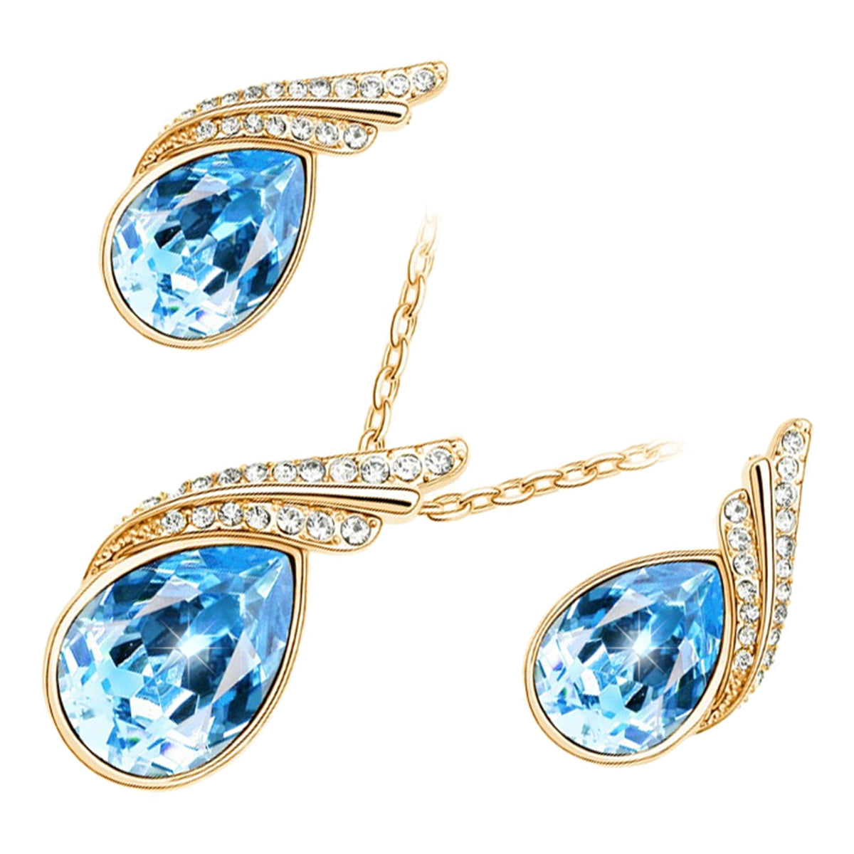 18K Yellow Gold Coated Jewellery Set Pendant Necklace and Earrings with Inlay Crystal 2 Bands Adorned with White Stones in Water Drop Shape