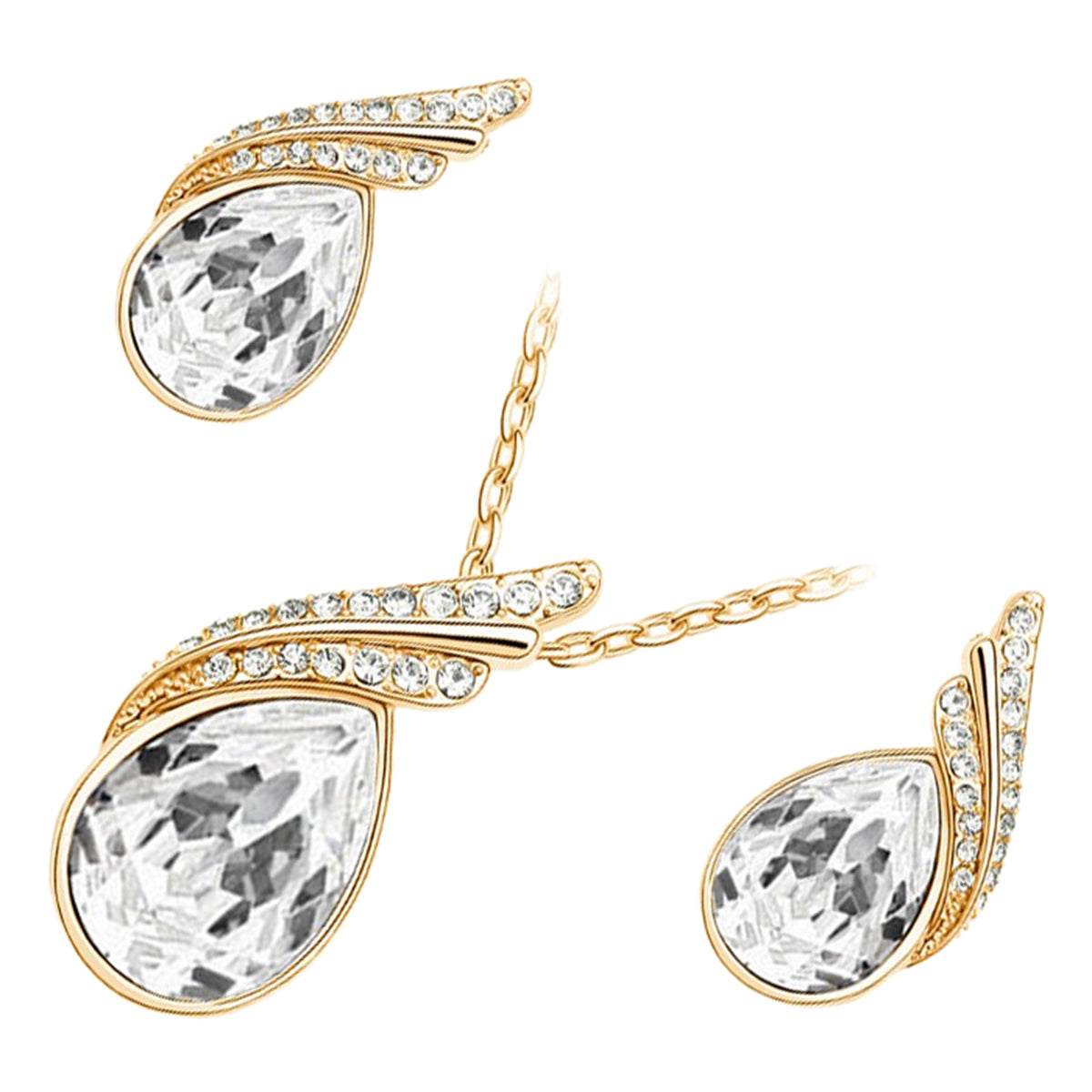 18K Yellow Gold Coated Jewellery Set Pendant Necklace and Earrings with Inlay Crystal 2 Bands Adorned with White Stones in Water Drop Shape