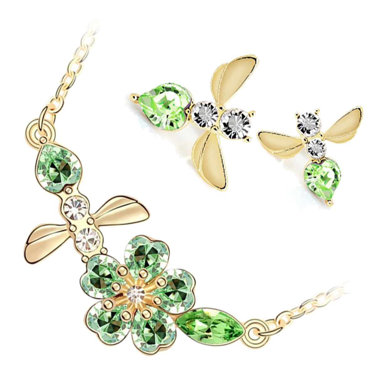 18K Yellow Gold Coated Jewellery Set Bee Flying Toward Flower Pendant Necklace and Earrings with Stone-Embellished Petals