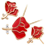 18K Yellow Gold Coated Jewellery Set Rose Flower and Stalk Earrings and Pendant Necklace Jeweled with 2 White Stones