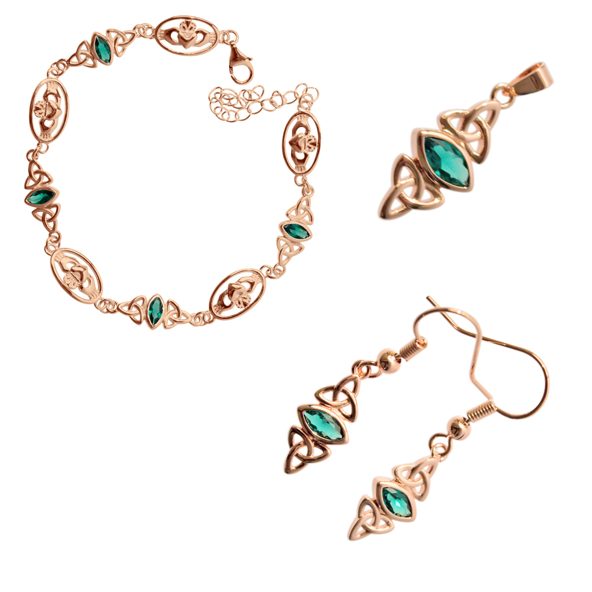 18K Rose Gold Coated Jewellery Set Irish Claddagh and Celtic Trinity Knot with Marquise Crystal Links Bracelet Earrings and Pendant Necklace