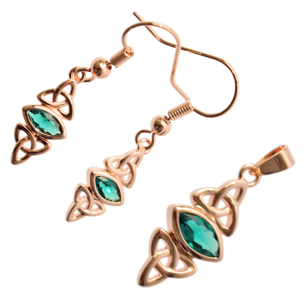 18K Rose Gold Coated Double Celtic Trinity Knot Jewellery Set Navette Cut Stone Earrings and Pendant Necklace