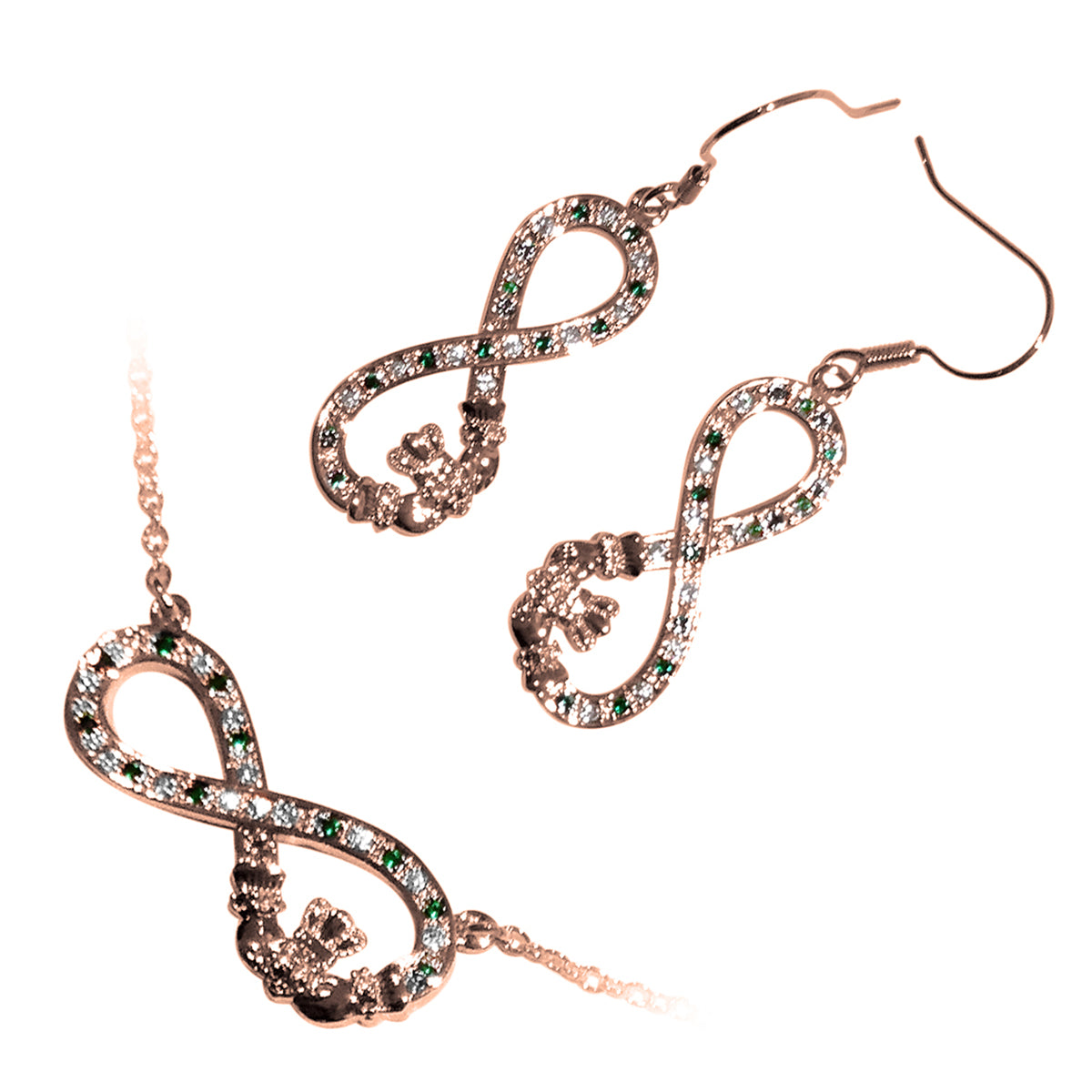 18K Rose Gold Coated Jewellery Set Infinity Band with Claddagh and Cubic Zirconia Crystals Unusual Earrings and Pendant Necklace