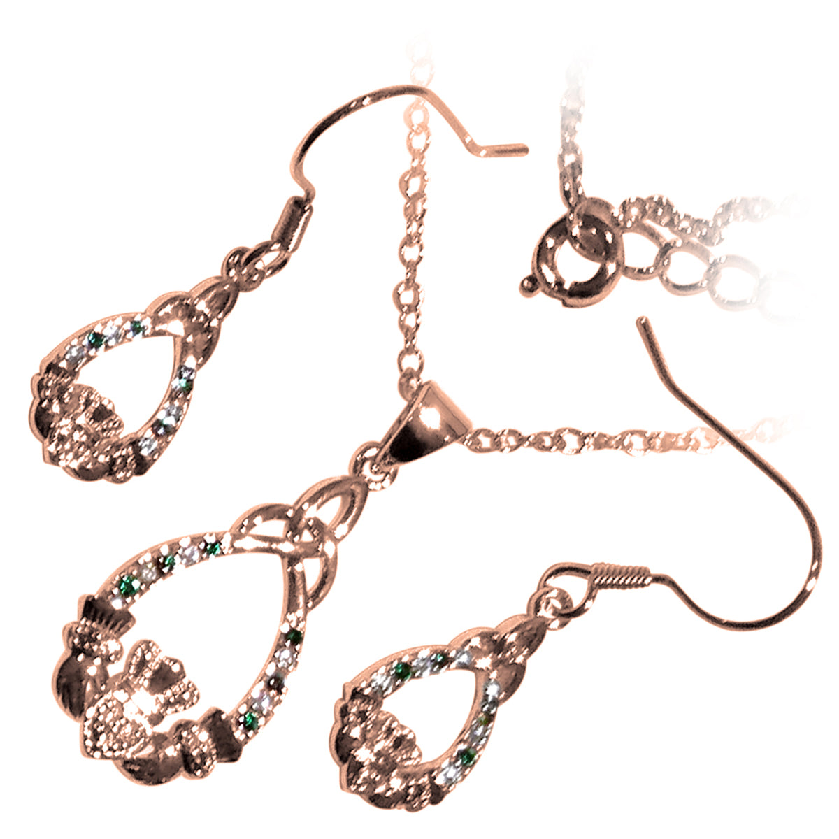 18K Rose Gold Coated Jewellery Set Claddagh Adorned with CZ Stones and Celtic Trinity Knot Atop Unique Teardrop Earrings and Pendant Necklace