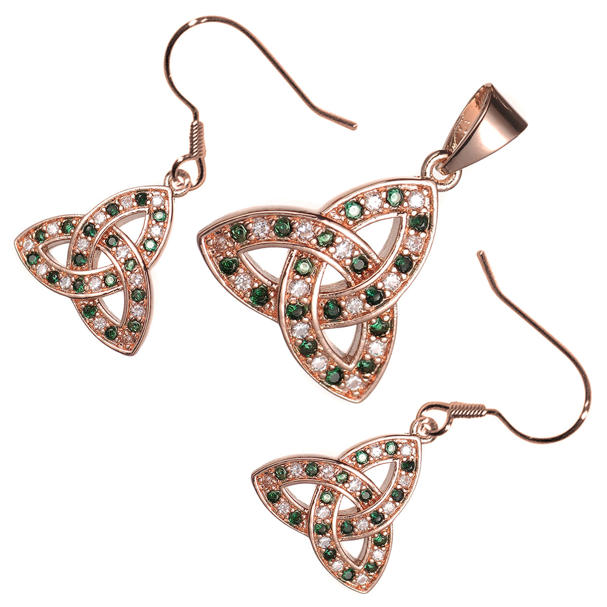 18K Rose Gold Coated Jewellery Set Celtic Trinity Knot Embellished with Cubic Zirconia Stones Earrings and Pendant Necklace