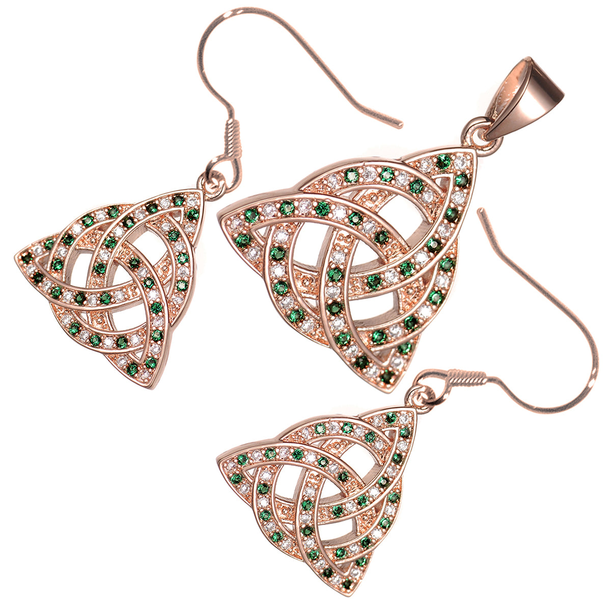 18K Rose Gold Coated Jewellery Set Celtic Trinity Knot Interlaced with Circle Ornated with CZ Stones Earrings and Pendant Necklace