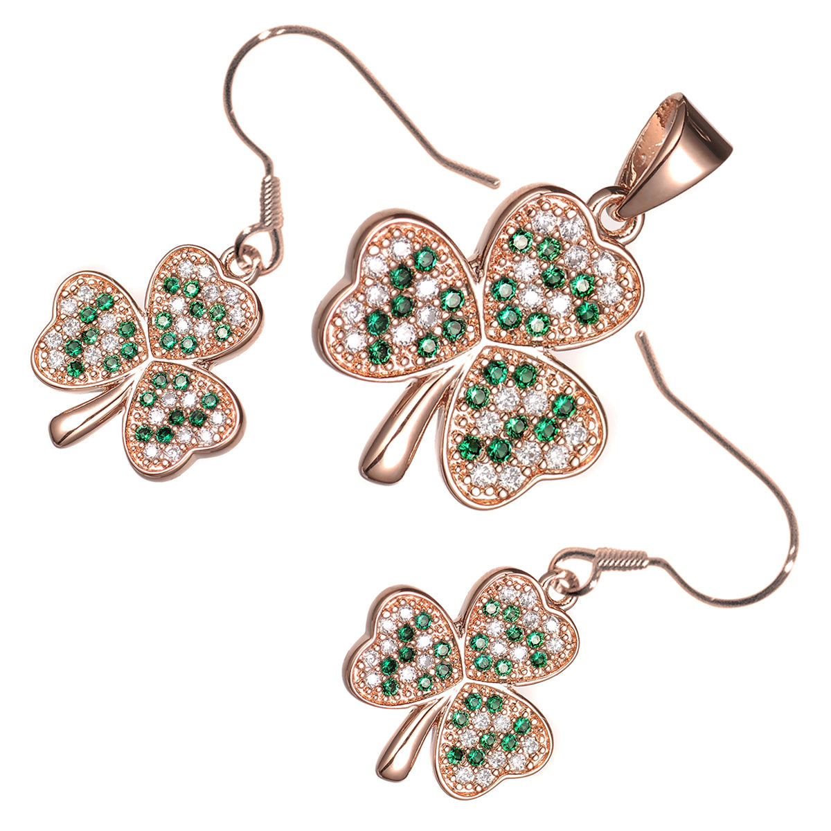 18K Rose Gold Coated Jewellery Set Shamrock Flower Dewed with Zircon Stones Earrings and Pendant Necklace