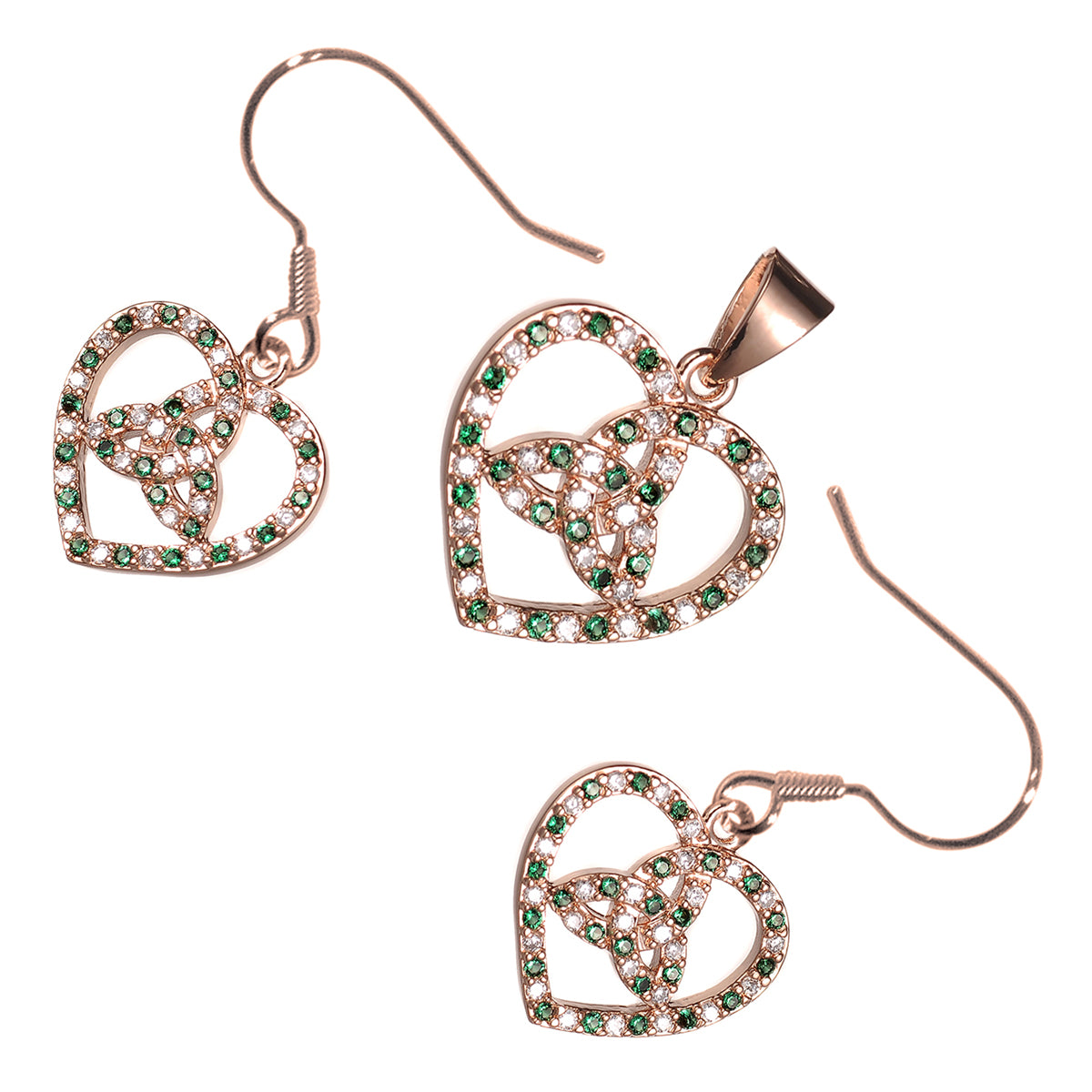 18K Rose Gold Coated Jewellery Set Celtic Trinity Knot Inside Heart Ornated with Zircon Stones, Unusual Love Earrings and Pendant Necklace