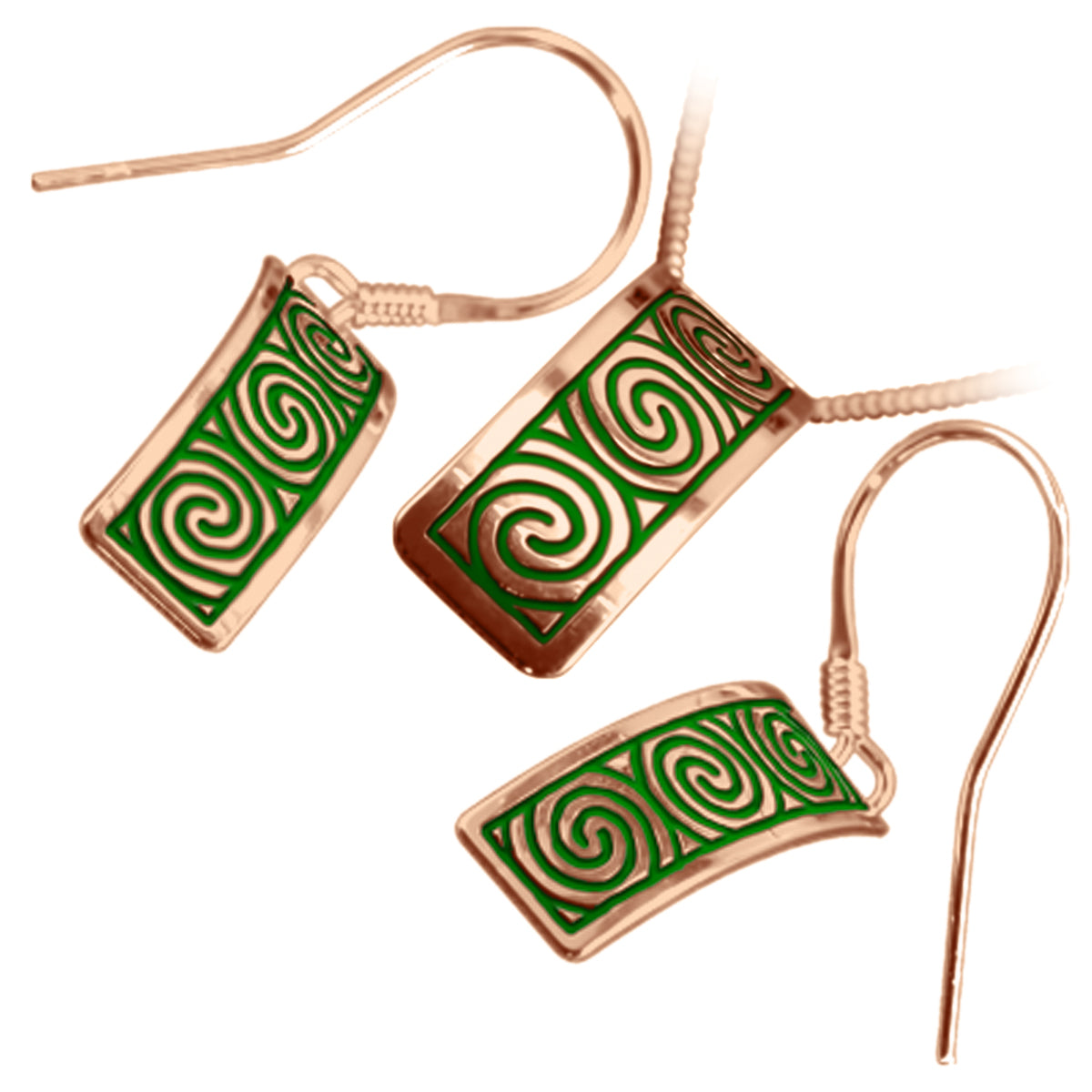 Jewellery Set Earrings and Pendant Necklace with 18K Rose Gold Coated 925 Sterling Silver Rectangular Celtic Newgrange Spirals in Enamel