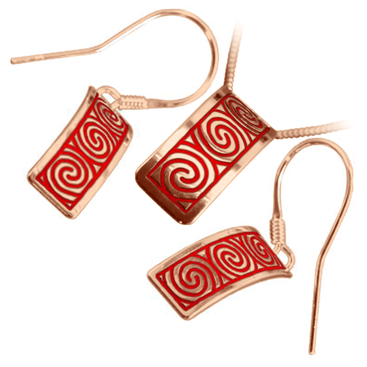 Jewellery Set Earrings and Pendant Necklace with 18K Rose Gold Coated 925 Sterling Silver Rectangular Celtic Newgrange Spirals in Enamel