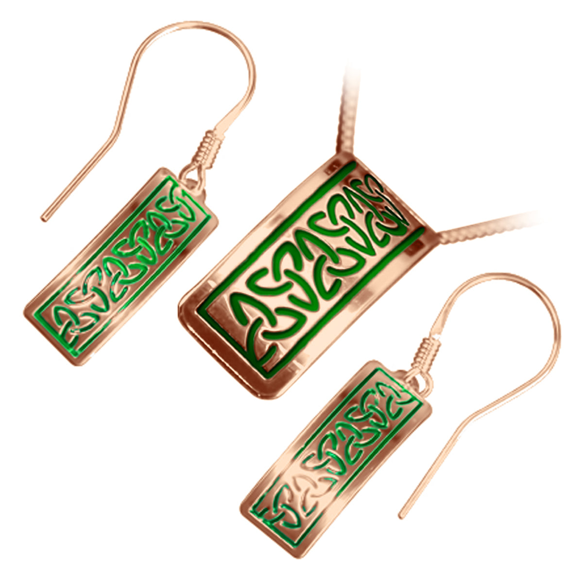 Jewellery Set Earrings and Pendant Necklace with 18K Rose Gold Coated 925 Sterling Silver Rectangular Celtic Trinity Knots in Enamel