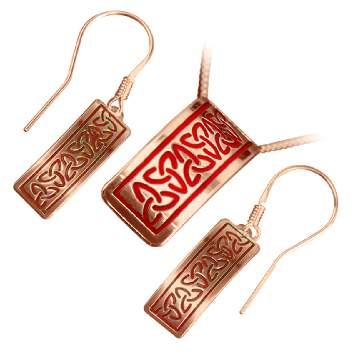 Jewellery Set Earrings and Pendant Necklace with 18K Rose Gold Coated 925 Sterling Silver Rectangular Celtic Trinity Knots in Enamel