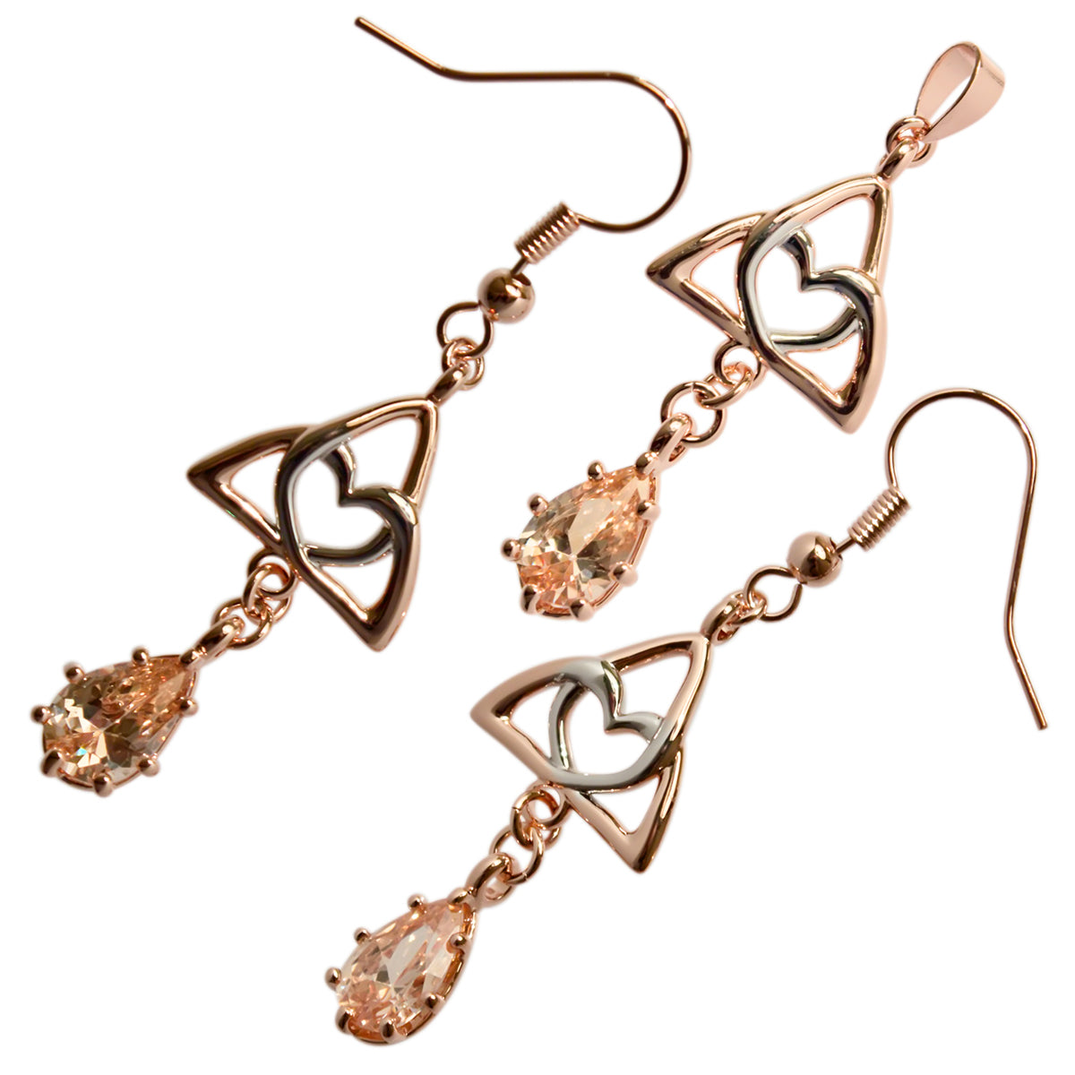 18K Rose Gold Coated Jewellery Set Celtic Trinity Knot Formed of White Gold Coated Inner Heart and Pear Stone, 2 Tone Earrings and Pendant Necklace