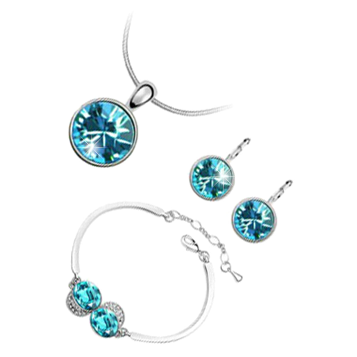 18K White Gold Coated Jewellery Set Pendant Necklace Earrings and Cuff Bracelet with Round Stones
