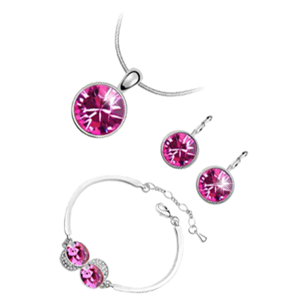 18K White Gold Coated Jewellery Set Pendant Necklace Earrings and Cuff Bracelet with Round Stones