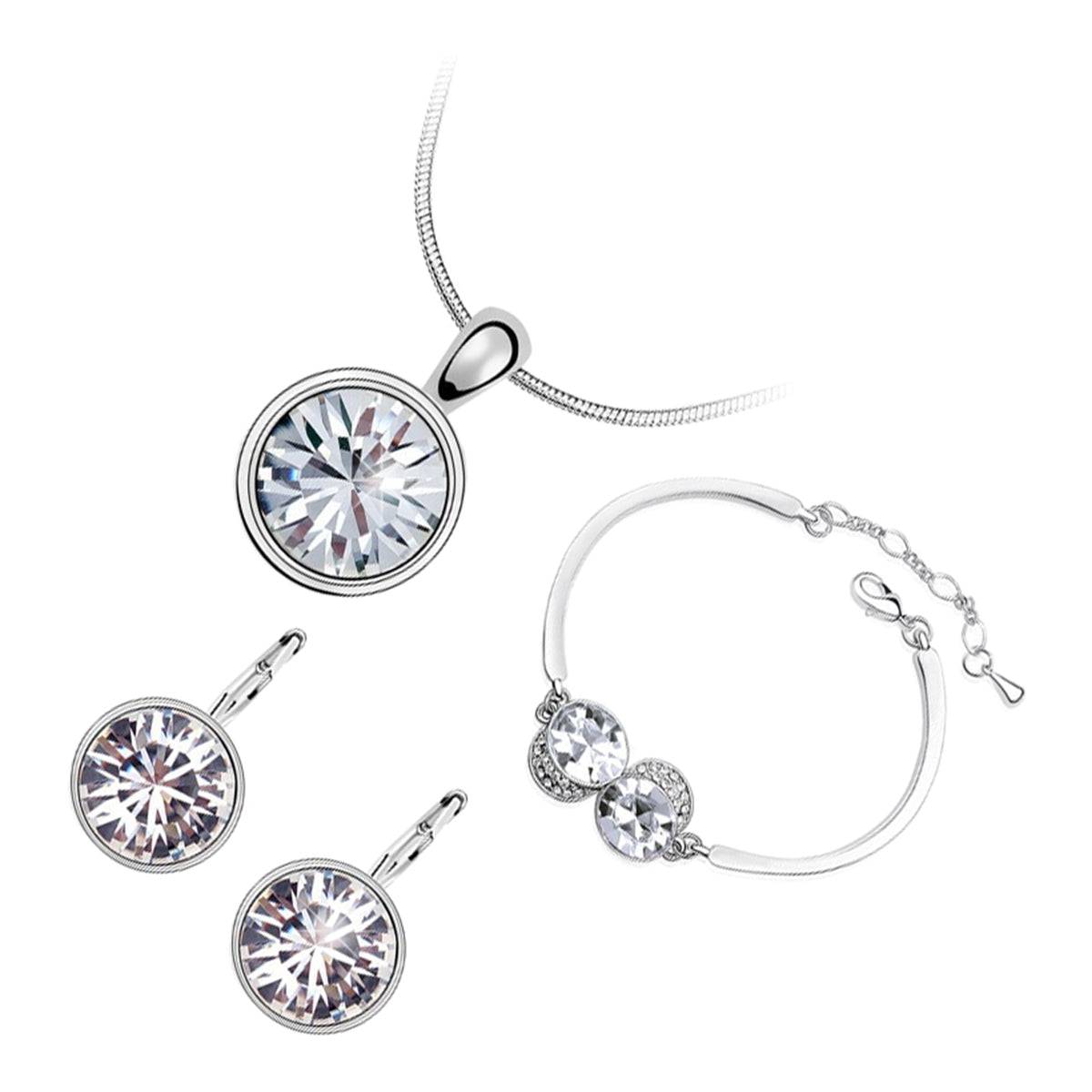 18K White Gold Coated Jewellery Set Pendant Necklace Earrings and Cuff Bracelet with Round Stones