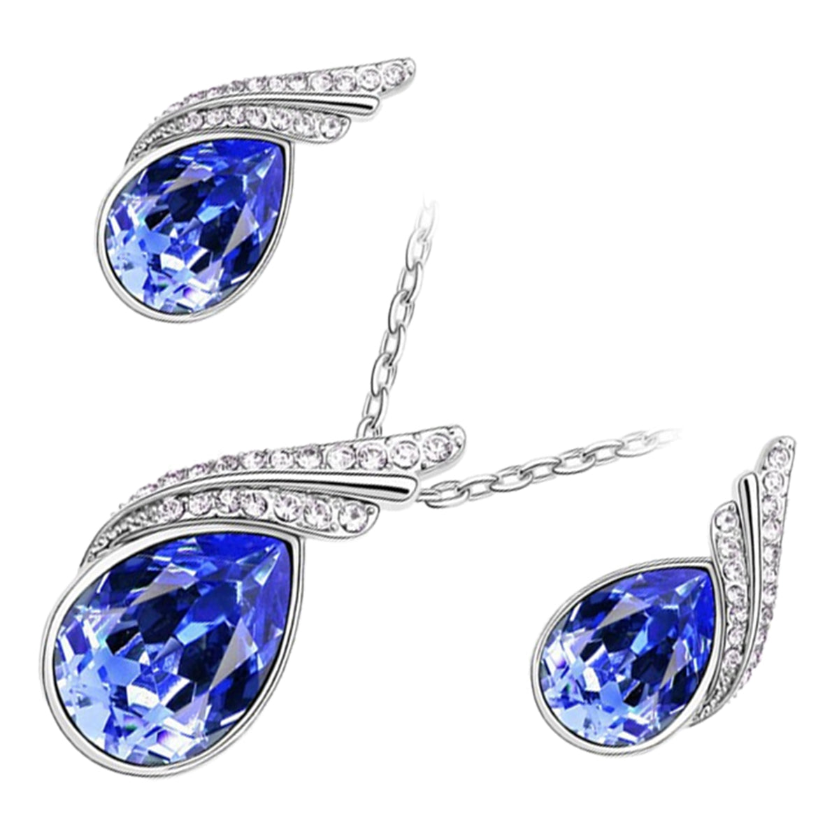 18K White Gold Coated Jewellery Set Pendant Necklace and Earrings with Inlay Crystal 2 Bands Graced with White Stones Water Drop Shaped