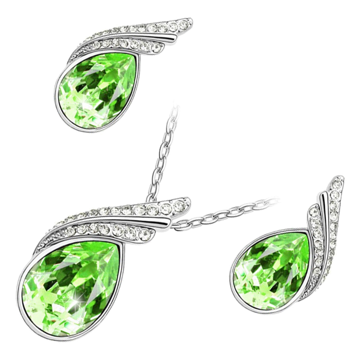 18K White Gold Coated Jewellery Set Pendant Necklace and Earrings with Inlay Crystal 2 Bands Graced with White Stones Water Drop Shaped