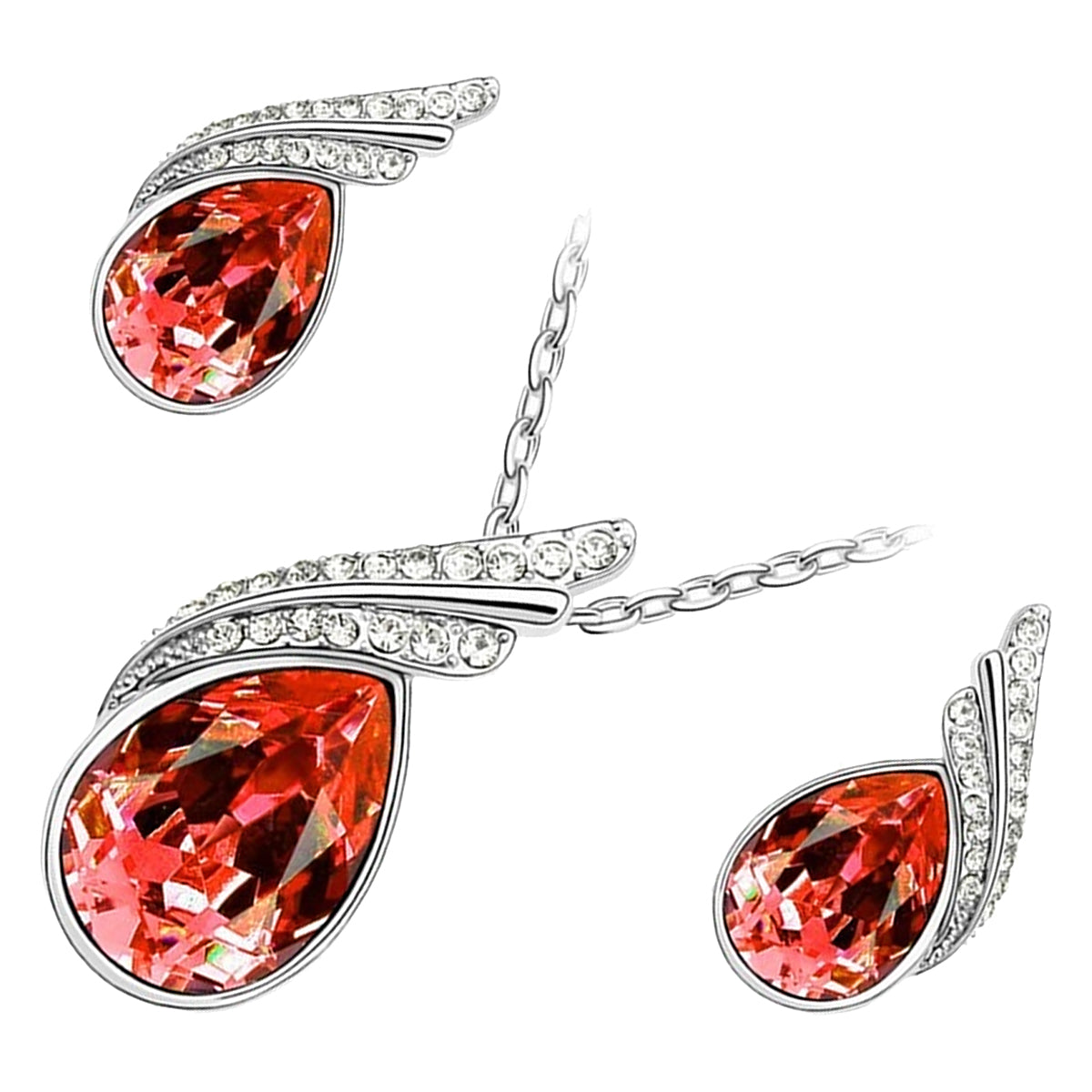 18K White Gold Coated Jewellery Set Pendant Necklace and Earrings with Inlay Crystal 2 Bands Graced with White Stones Water Drop Shaped
