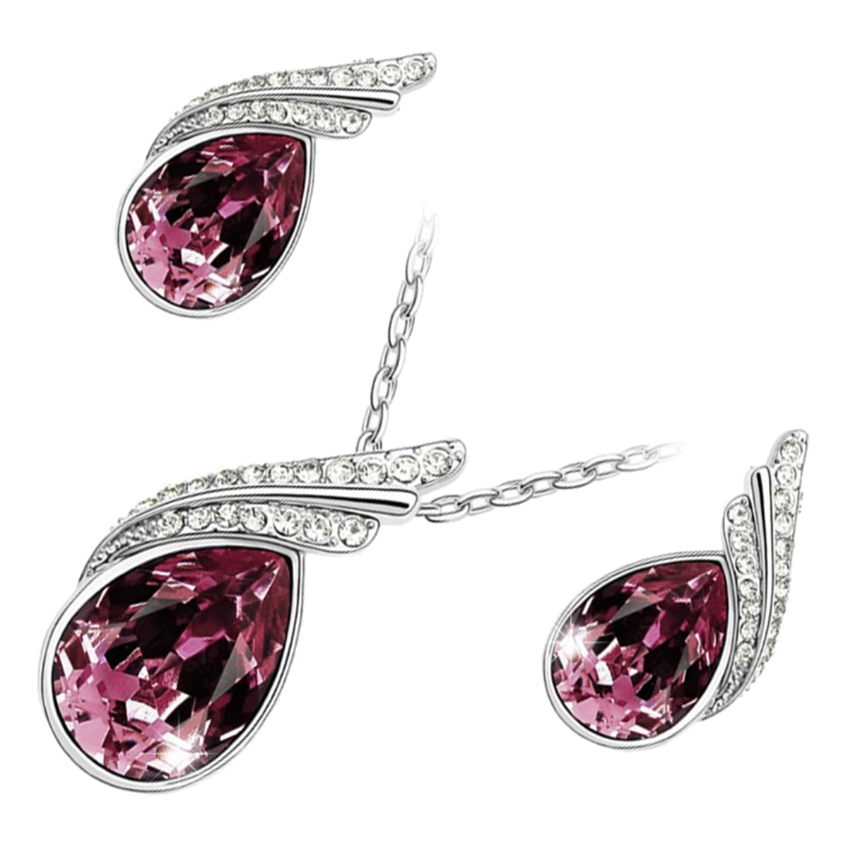 18K White Gold Coated Jewellery Set Pendant Necklace and Earrings with Inlay Crystal 2 Bands Graced with White Stones Water Drop Shaped