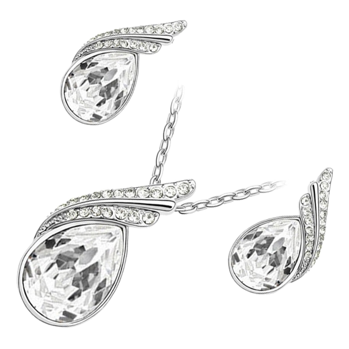 18K White Gold Coated Jewellery Set Pendant Necklace and Earrings with Inlay Crystal 2 Bands Graced with White Stones Water Drop Shaped