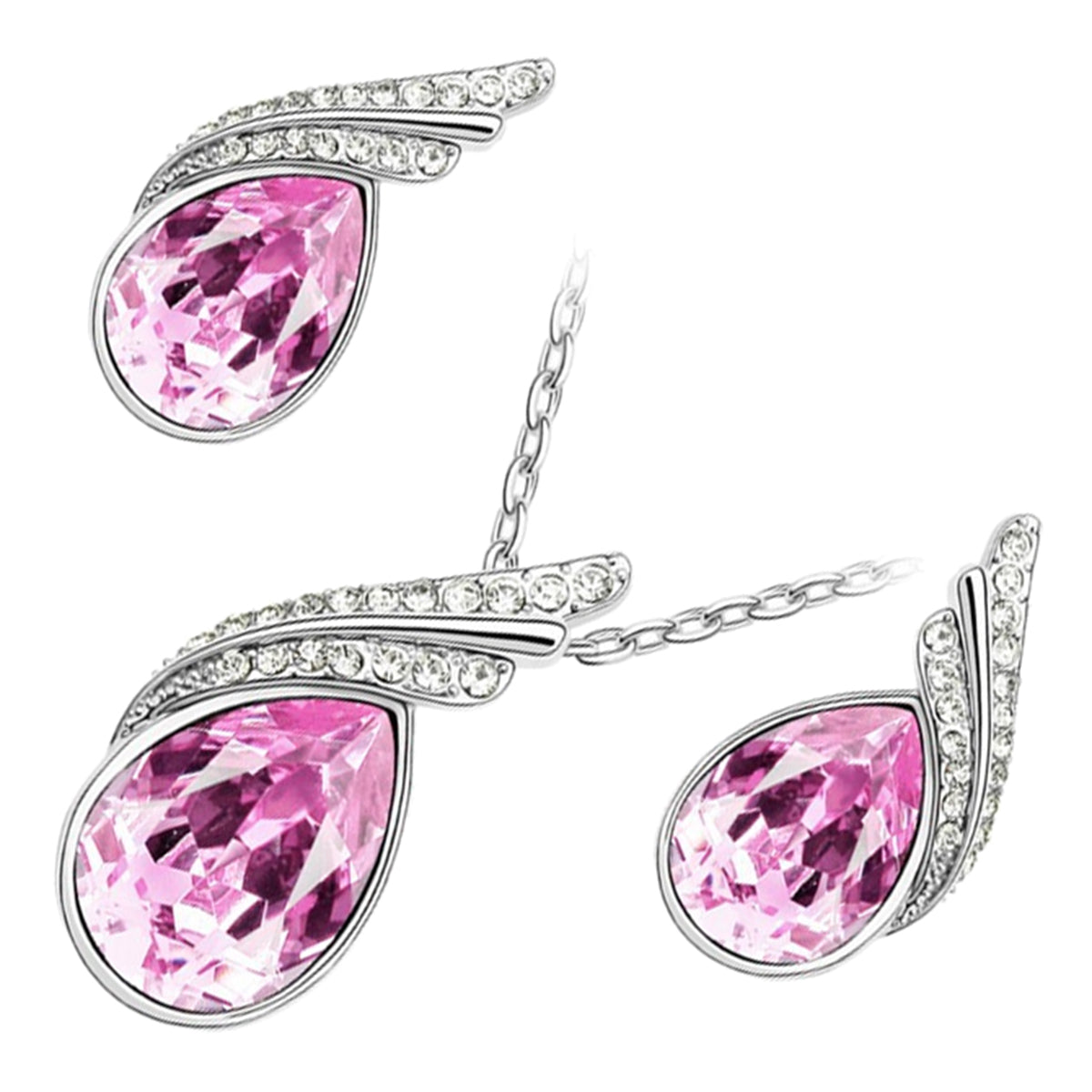 18K White Gold Coated Jewellery Set Pendant Necklace and Earrings with Inlay Crystal 2 Bands Graced with White Stones Water Drop Shaped