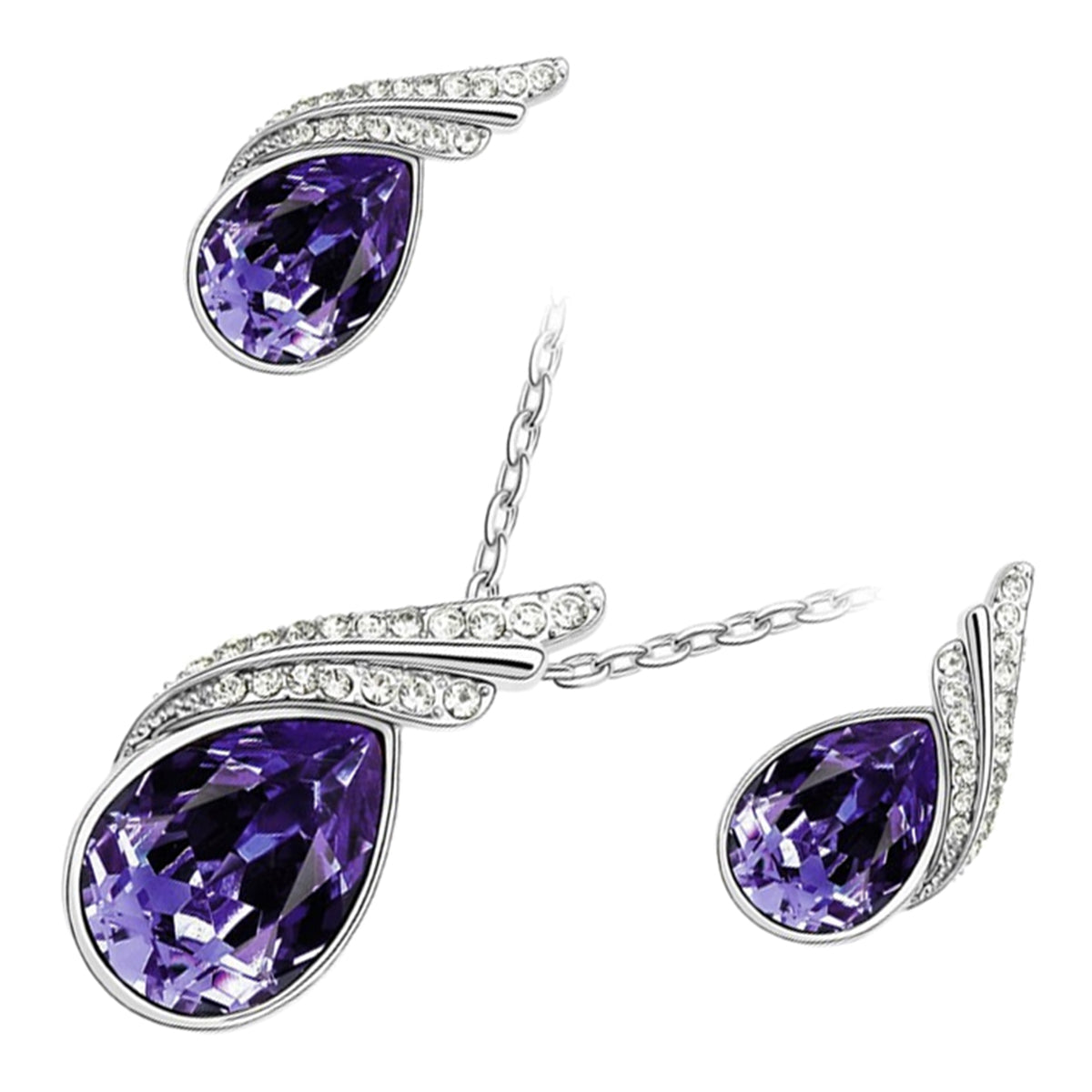 18K White Gold Coated Jewellery Set Pendant Necklace and Earrings with Inlay Crystal 2 Bands Graced with White Stones Water Drop Shaped