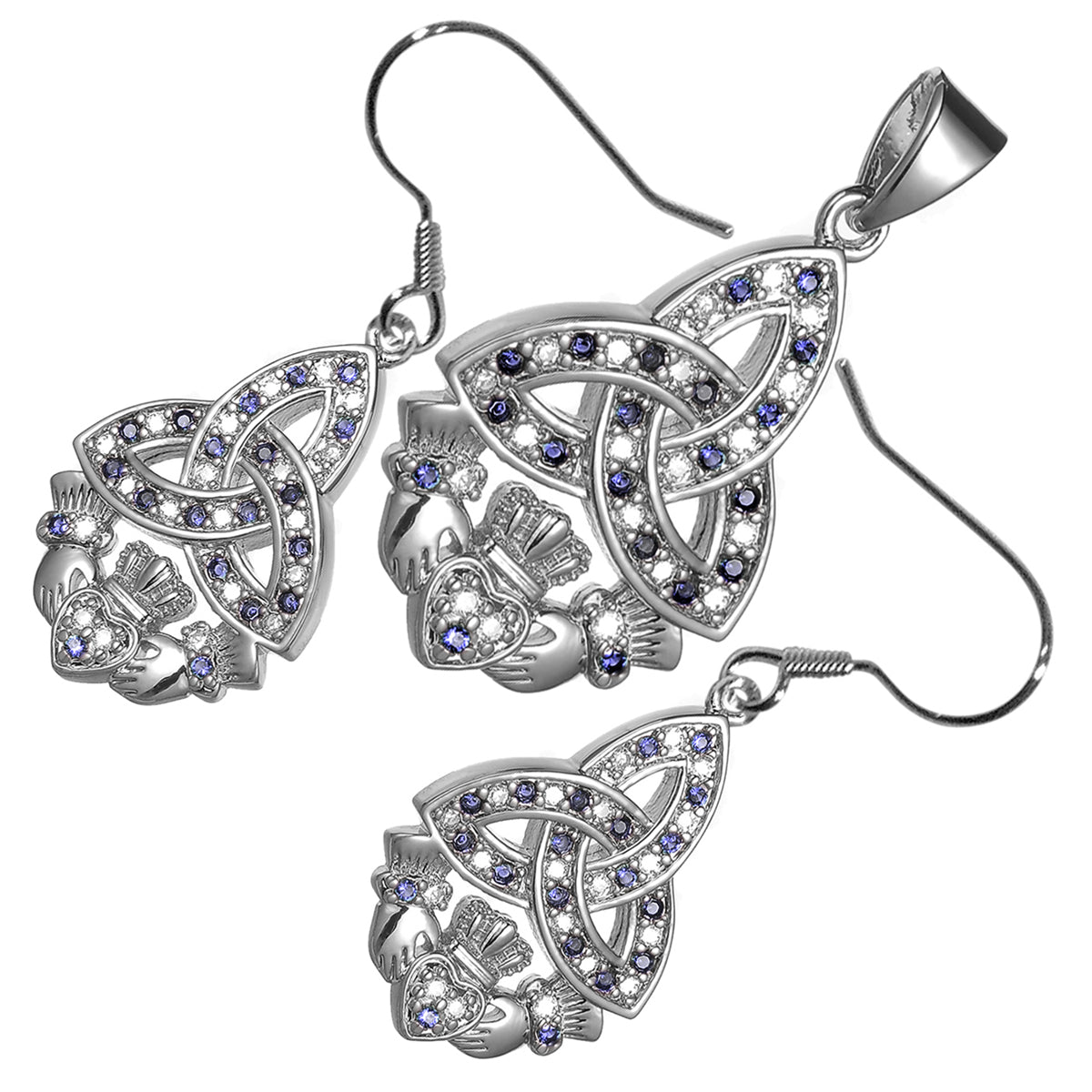 18K White Gold Coated Jewellery Set Celtic Trinity Knot Paved with Zircon Stones Unusual Claddagh Love Earrings and Pendant Necklace