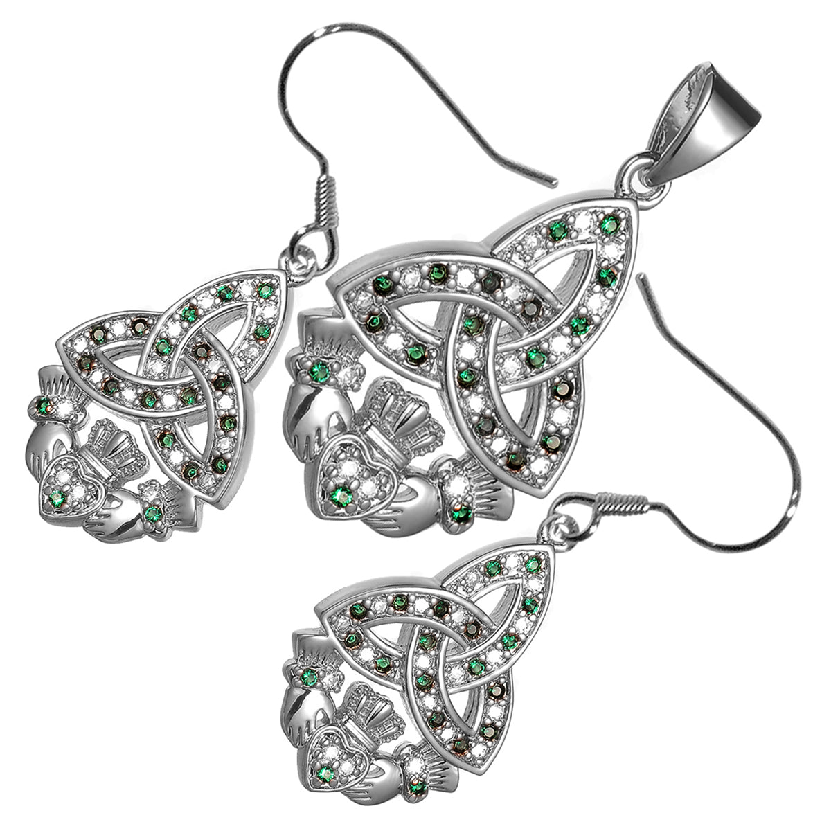 18K White Gold Coated Jewellery Set Celtic Trinity Knot Paved with Zircon Stones Unusual Claddagh Love Earrings and Pendant Necklace