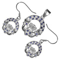 18K White Gold Coated Jewellery Set Claddagh Circle Earrings and Pendant Necklace Jeweled with Cubic Zirconia Stones