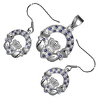 18K White Gold Coated Jewellery Set Claddagh Circle Earrings and Pendant Necklace Jeweled with Cubic Zirconia Stones