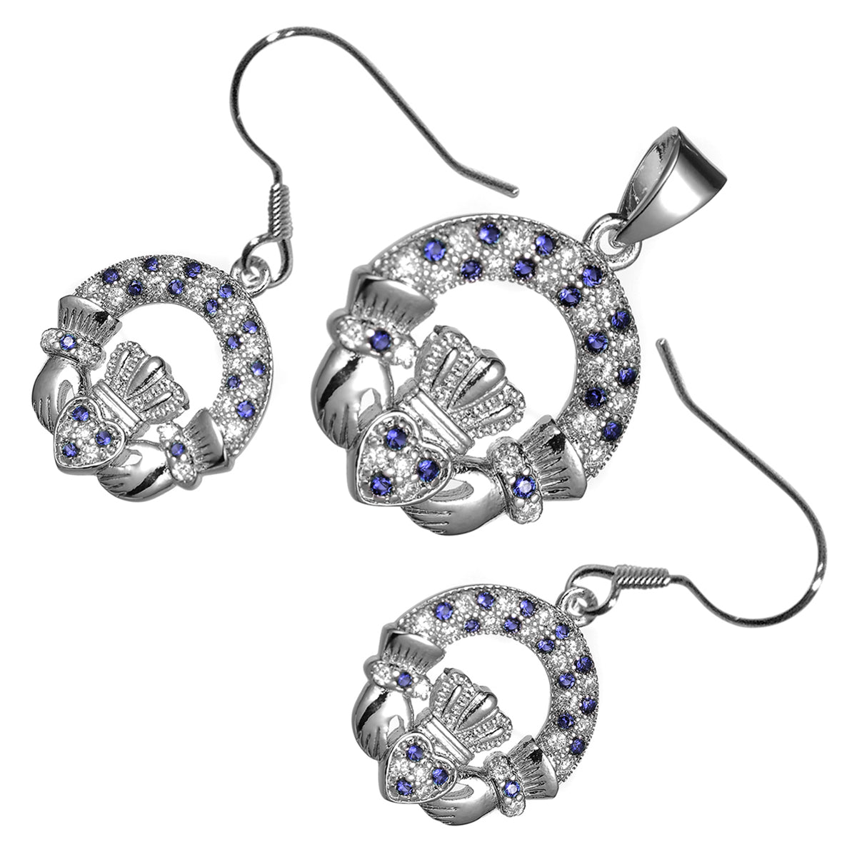 18K White Gold Coated Jewellery Set Claddagh Circle Earrings and Pendant Necklace Jeweled with Cubic Zirconia Stones