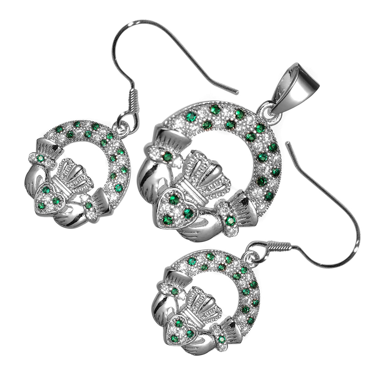 18K White Gold Coated Jewellery Set Claddagh Circle Earrings and Pendant Necklace Jeweled with Cubic Zirconia Stones