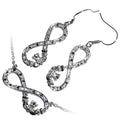18K White Gold Coated Jewellery Set Infinity Band Graced with Claddagh and Cubic Zirconia Crystals Unusual Earrings and Pendant Necklace