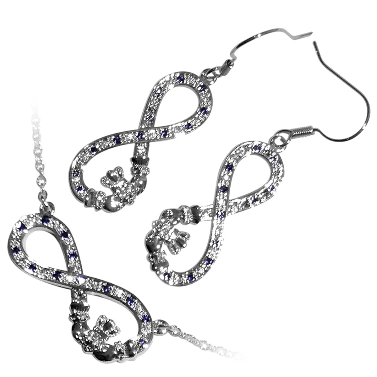 18K White Gold Coated Jewellery Set Infinity Band Graced with Claddagh and Cubic Zirconia Crystals Unusual Earrings and Pendant Necklace