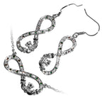 18K White Gold Coated Jewellery Set Infinity Band Graced with Claddagh and Cubic Zirconia Crystals Unusual Earrings and Pendant Necklace