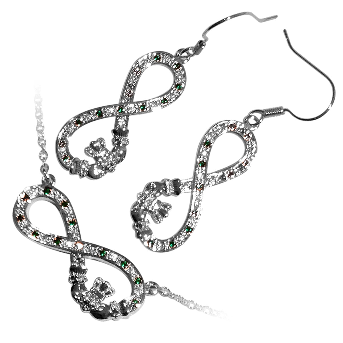18K White Gold Coated Jewellery Set Infinity Band Graced with Claddagh and Cubic Zirconia Crystals Unusual Earrings and Pendant Necklace