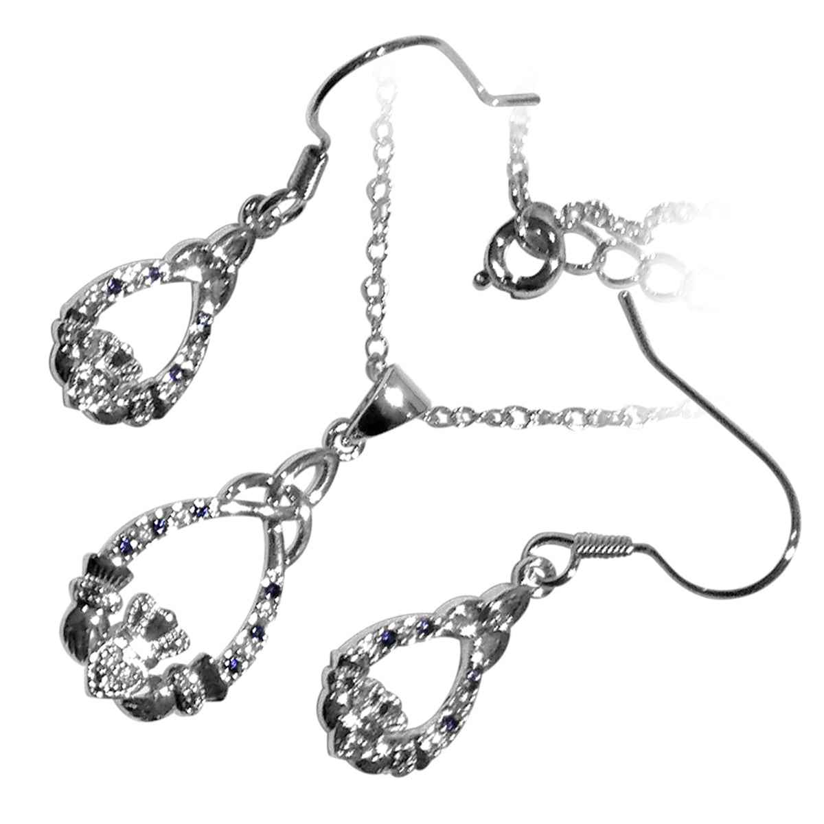 18K White Gold Coated Jewellery Set Claddagh Adorned with CZ Stones and Celtic Trinity Knot Atop Unique Teardrop Earrings and Pendant Necklace