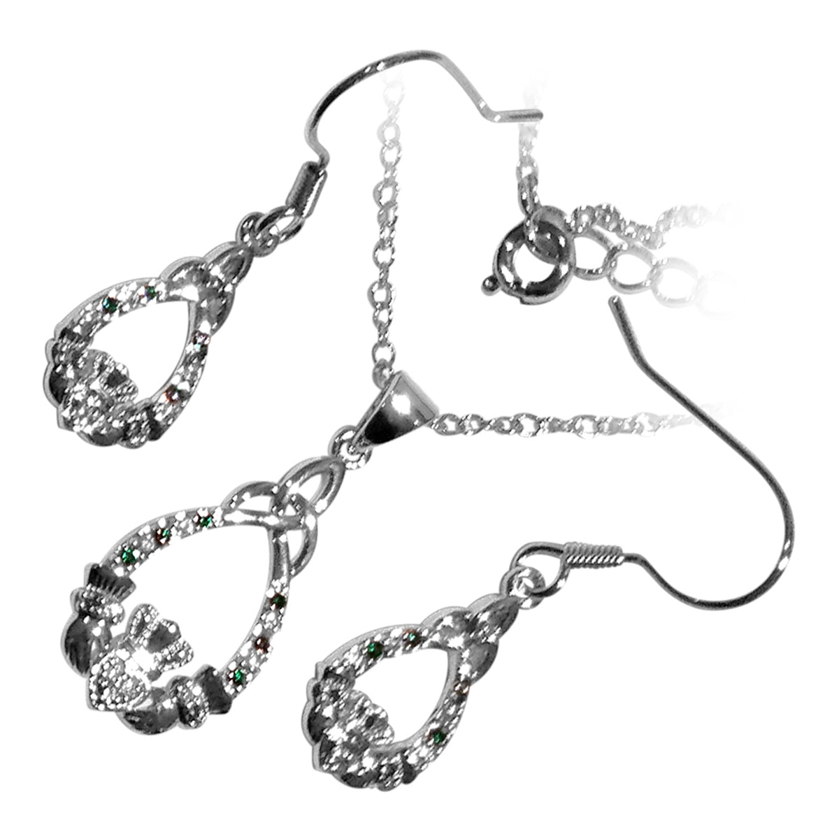 18K White Gold Coated Jewellery Set Claddagh Adorned with CZ Stones and Celtic Trinity Knot Atop Unique Teardrop Earrings and Pendant Necklace