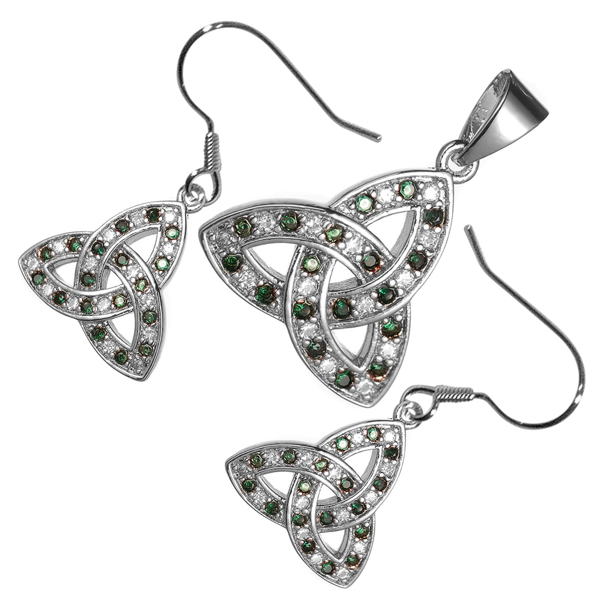 18K White Gold Coated Jewellery Set Celtic Trinity Knot Embellished with Cubic Zirconia Stones Earrings and Pendant Necklace