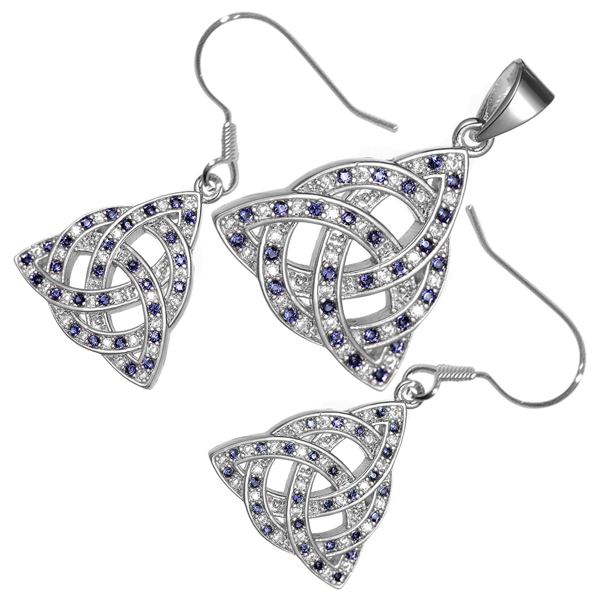 18K White Gold Coated Jewellery Set Celtic Trinity Knot Interlaced with Circle Ornated with CZ Stones Earrings and Pendant Necklace